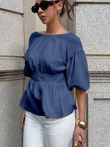 SHEIN PariChic 2026新款春夏圆领上衣，甜美灯笼袖奶油黄宽松休闲露背蝴蝶结衬衫，亚麻棉质感面料，舒适百搭奶油黄女式衬衫 - 深色水洗藍 - 查看 6