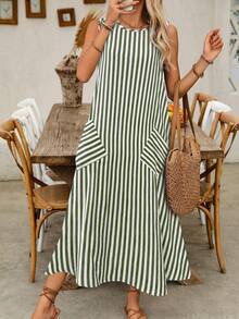 EMERY ROSE Women's Casual Striped Bamboo Knot Sleeveless Pocket Design Dress, Spring/Summer - Green - View 3