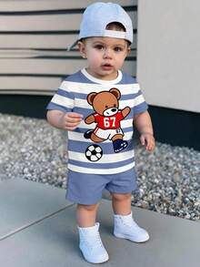 SHEIN Baby Boy Casual Minimalist T-Shirt Set Suitable For Summer, Classic Striped Print, Cute Cartoon 67 Football Bear Graphic Print - Multicolor - View 1