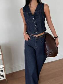 DAZY Bộ đồ thường ngày mùa hè dành cho nữ: áo cardigan không tay cổ chữ V và quần jeans ống rộng. - Rửa tối - Xem 2