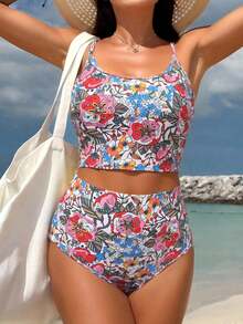 Swim Vcay Random Printed Tankini Set For Beach In Summer Vacation Two Pieces Sethigh Waisted Bikini Set - Multicolor - View 3