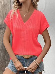 SHEIN LUNE 女士纯色V领蝙蝠袖短袖休闲宽松T恤 - 紅色 - 查看 4