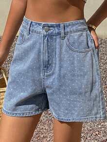 DAZY 女士休闲波点印花高腰宽松牛仔短裤，适合夏季度假和日常通勤穿着 - 藍色 - 查看 2