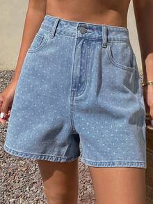 DAZY 女士休闲波点印花高腰宽松牛仔短裤，适合夏季度假和日常通勤穿着 - 藍色 - 查看 7