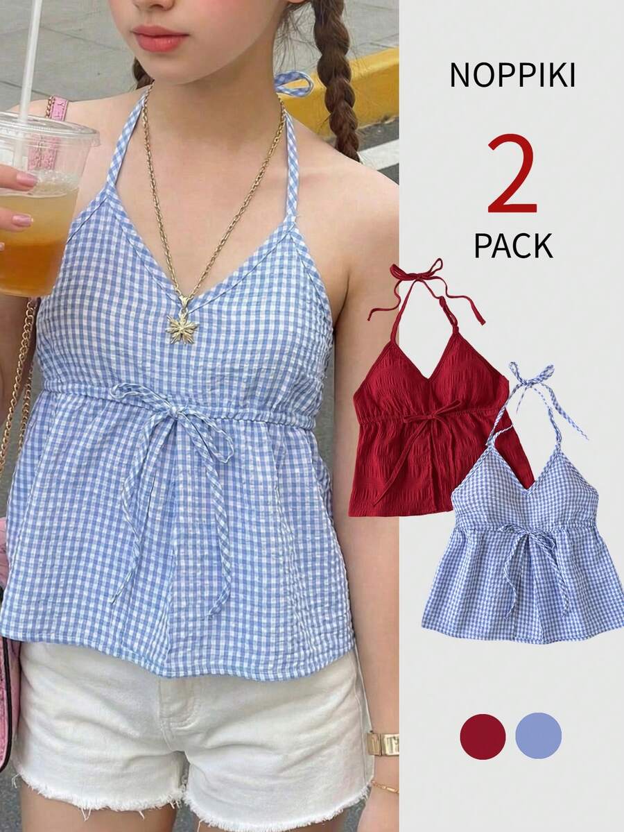 SHEIN 少女荷叶边两件套休闲吊带背心套装 - 彩色 - 查看 1