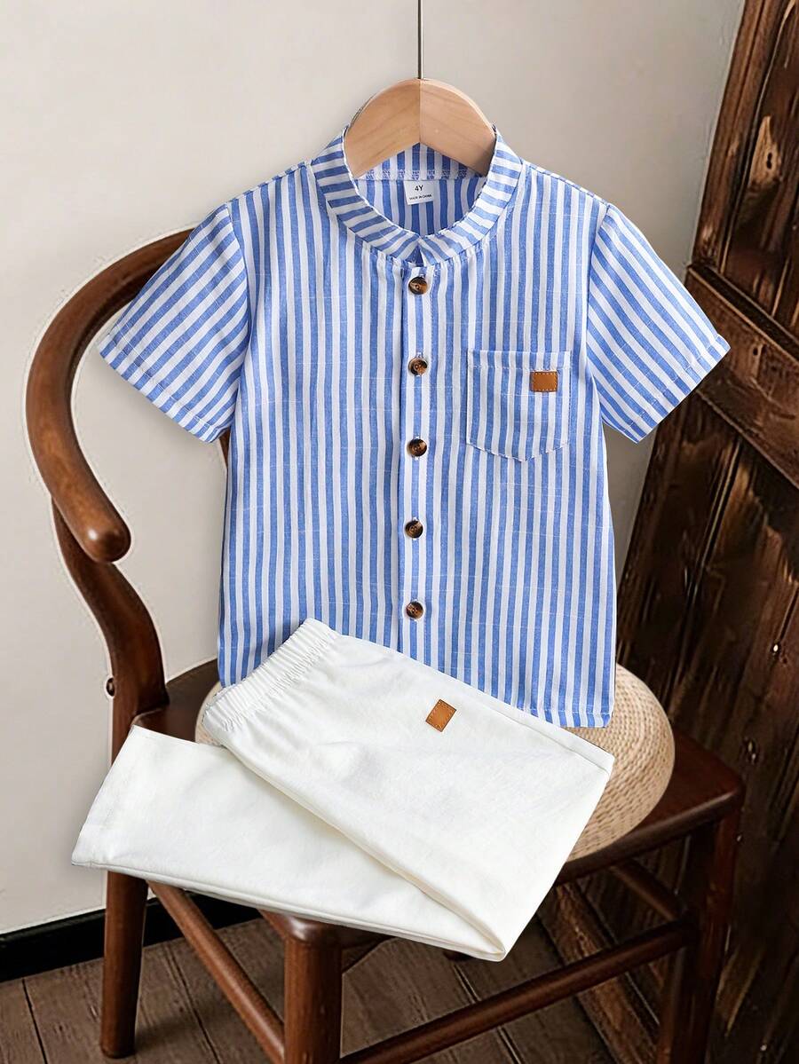 SHEIN 男童休闲条纹短袖衬衫长裤套装（2件套），适合日常休闲、度假、运动、夏季穿着 - 藍色 - 查看 1