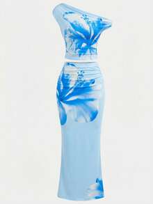 Tween Girl Floral Print Asymmetric Ruched Fitted Two Pieces Set, Casual Summer/Vacation Outfit - Baby Blue - View 3