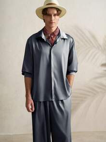 Airaco Bộ quần áo nam thường ngày, màu trơn, tay dài, cài một hàng cúc, gồm áo sơ mi và quần. - Bạc - Xem 5