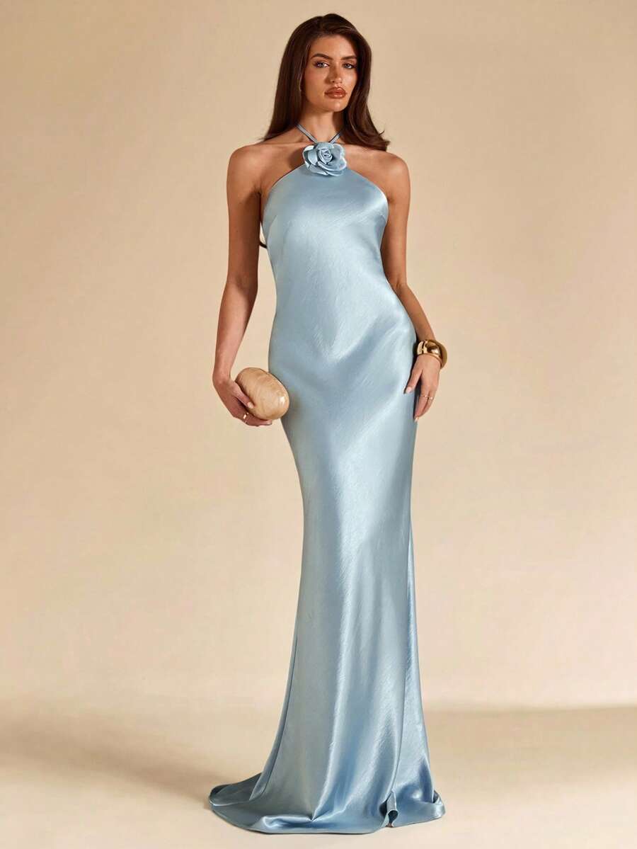 SHEIN BAE Elegant Light Blue Summer Satin Gown Halter Backless Floral Decor Fitted Maxi Mermaid Dress For Dining,Party,Cocktail,Formal Occasion,Bridesmaid - Blue - View 1