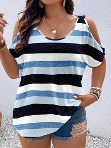 SHEIN LUNE Áo thun ngắn tay hở vai phối màu kẻ sọc cỡ lớn, áo thun mùa hè in hình, áo kẻ sọc cho nữ, áo mùa hè cho nữ, áo hở vai, áo thường ngày mùa hè. - Nhiều màu - Xem 1