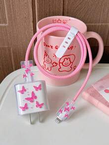 5pcs Hot Pink Butterfly Print Charging Accessory Set - 20W/18W Charger, Charging Cable Protector, Charger Head Cover - Hot Pink - View 3