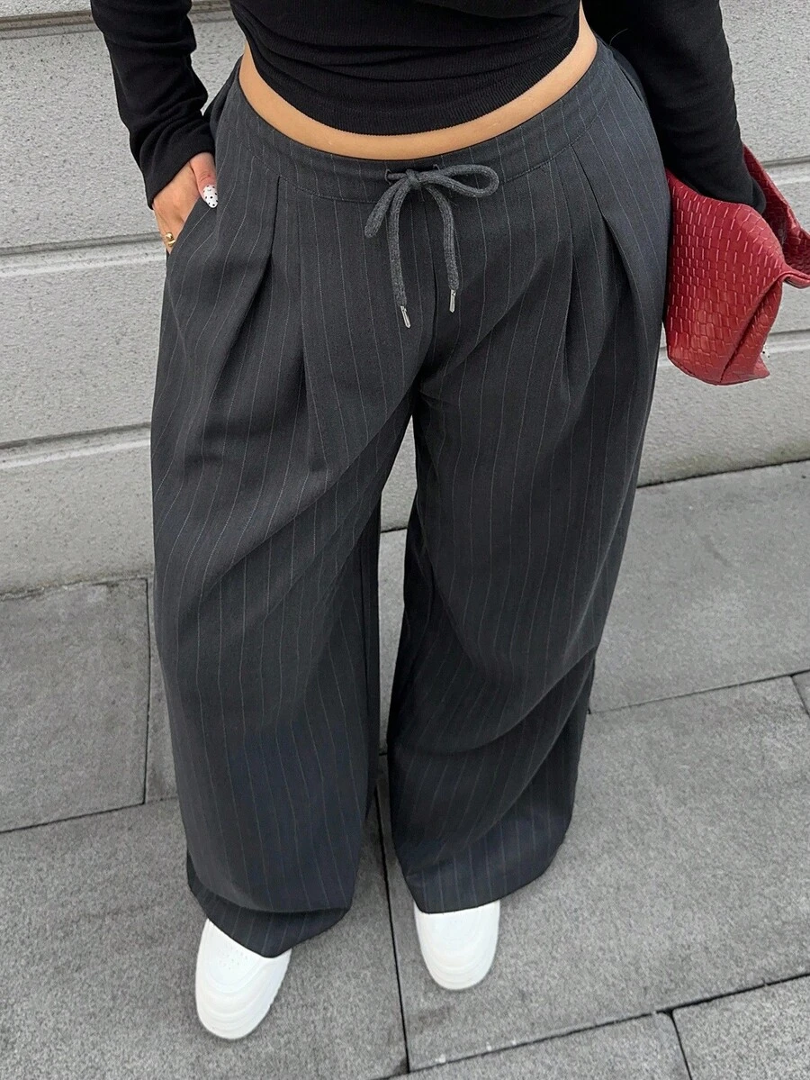 Dazy Plus Pantalones casuales y de negocios largos, rectos y holgados con cordón y rayas para mujer de talla grande, para otoño - Gris Oscuro - Ver 1