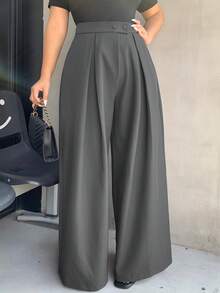 Dazy Plus 加大码宽松纯色阔腿双扣褶皱长款休闲裤，四季皆宜，女士正装裤，教师裤秋季 - 深灰色 - 查看 5
