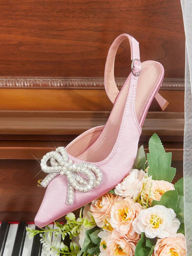 CUCCOO HITCHD Women Shoes Classic Simple Fashion High Heels Pointed Toe Thin Heels Slingback Shoes, Faux Pearl Bow Decorative Kitten And Women's Shoes, Workplace Light Party Elegant Temperament High Heels Summer Shoes Wedding Shoes Bride Shoes