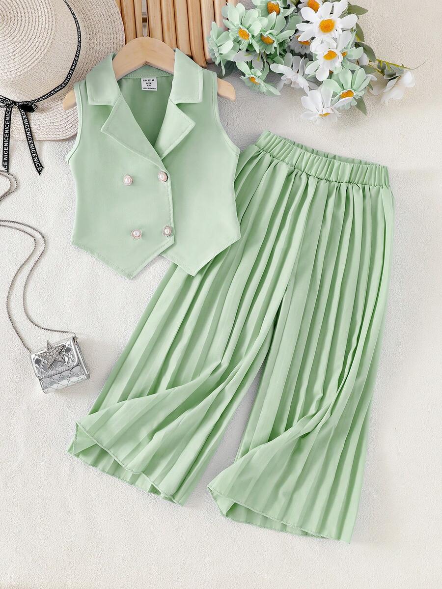 SHEIN Elladie kids Bộ đồ 2 mảnh màu xanh lá cây thanh lịch dành cho bé gái (cỡ nhỏ) gồm áo blazer không tay và quần ống rộng, trang phục công sở tinh tế, thời trang. - màu xanh lá - Xem 1