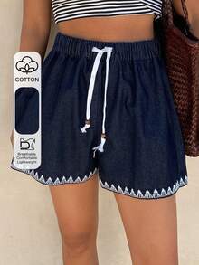 Livesso Women's Vintage Washed Blue Geometric Embroidery Casual Vacation Beach Straight Leg Denim Shorts, Suitable For Spring And Summer Jorts - Dark Wash - View 1