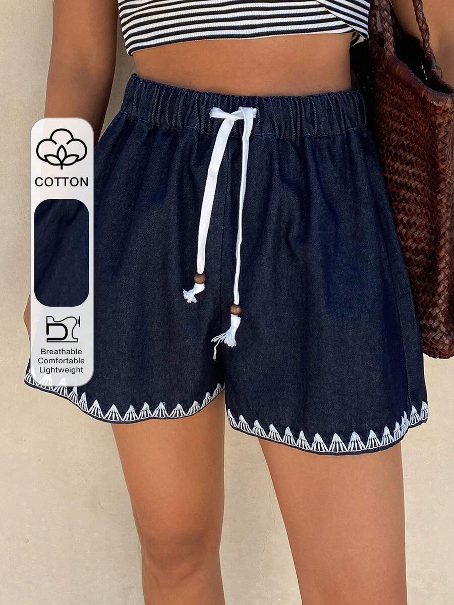 Livesso Women's Vintage Washed Blue Geometric Embroidery Casual Vacation Beach Straight Leg Denim Shorts, Suitable For Spring And Summer Jorts - Dark Wash - View 1