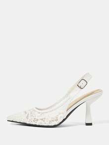 CUCCOO HITCHD 尖头蕾丝网眼白色婚鞋，优雅透气女士高跟露跟浅口鞋 - 白色 - 查看 4