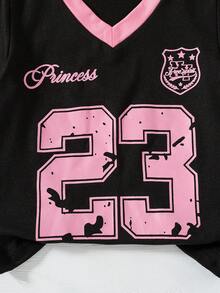 SHEIN 2件組女嬰可愛黑粉配色夏季返校運動休閒數字印花V領短袖T恤與對比色長褲套裝，適合日常穿著 - 粉色 - 查看 7