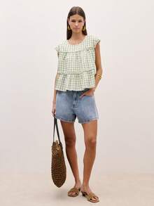 Nöista Women's Light Green And White Checkered Sleeveless Ruffled Top - Green - View 3
