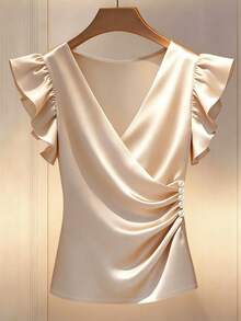 Balvessa 女士纯色缎面珍珠装饰V领喇叭袖迷人优雅休闲度假通勤时尚约会法式街头复古百搭春夏香槟色新款衬衫 - 香檳色 - 查看 9