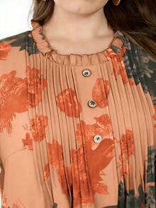 Lacomfia Áo kiểu nữ cỡ lớn dáng rộng bằng chiffon in họa tiết, chi tiết sọc phía trước, tay lửng, có lớp lót, thích hợp cho các dịp thường ngày vào mùa xuân và mùa hè. - trái cam - Xem 5