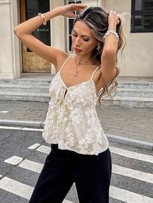 SHEIN Frenchy Áo hai dây nữ đính sequin thắt nút, kiểu dáng thường ngày, đa năng, thích hợp cho buổi hẹn hò. - Màu be - Xem 4
