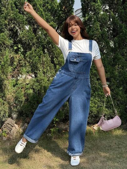 Muchica 大码女式休闲宽松牛仔连体裤，带口袋