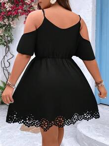 Breezaya Pure Plus Size Fashionable Solid Color Cold Shoulder Hollow-Out Dress - Black - View 2