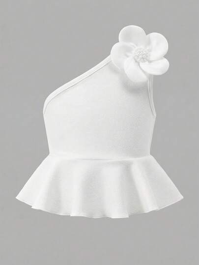 SHEIN Young Girl Floral Decor Solid Color Asymmetric Neckline Sleeveless T-Shirt