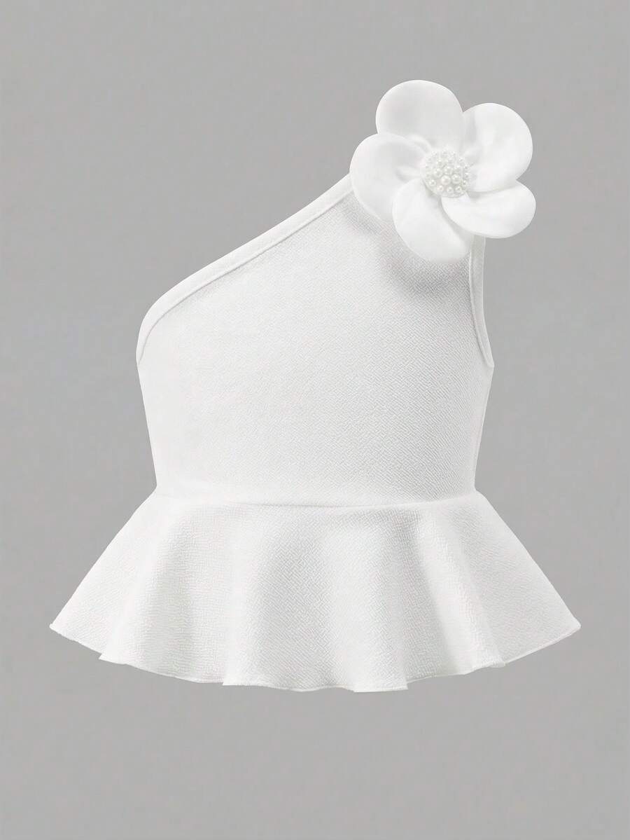 SHEIN 女童花卉图案纯色不对称领口无袖T恤 - 白色 - 查看 1