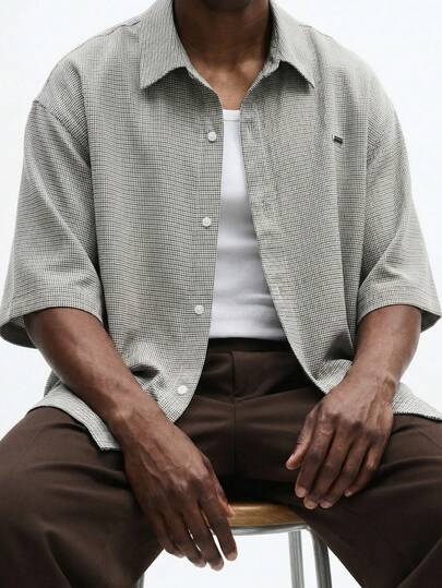 SUMWON Oversized Short Sleeve Button Up Shirt With Fine Check Pattern Spread Collar Regular Length Summer Casual Workwear Style