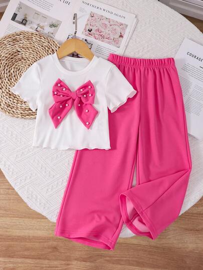 SHEIN Genkimix Kids Set de 2 piezas para niñas (talla pequeña) que incluye camiseta de tela texturizada con decoración floral 3D y pantalones casuales, adecuado para el hogar y salidas casuales