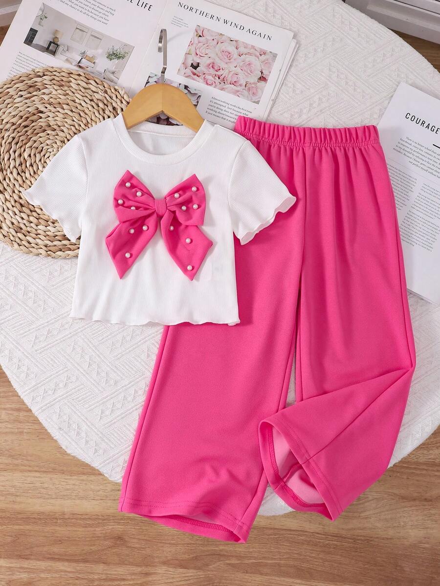 SHEIN Genkimix Kids 2件套女童(小号)纹理面料T恤,饰有3D立体花卉图案,搭配休闲裤,适合居家及休闲外出穿着 - 粉色 - 查看 1