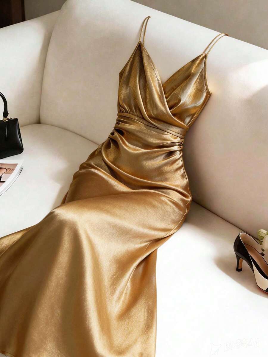 Franclia 【金色束腰吊带美人鱼礼服】缎面褶皱面料尽显高端质感。深V领搭配交叉绑带，恰到好处地展现肌肤。束腰褶皱设计凸显身材曲线，巧妙遮掩腰部。飘逸摇曳的裙摆，搭配细高跟鞋，适合约会或晚宴；也可搭配披肩，出席正式场合。这款礼服既能惊艳全场，又不会显得过于张扬。金色优雅连衣裙 女士缎面中长连衣裙 金色 金色连衣裙 优雅女士缎面连衣裙 奢华连衣裙 丝绸连衣裙 古铜色连衣裙 女士派对连衣裙 女士奢华连衣裙 女士优雅经典连衣裙 女士正式礼服 惊艳连衣裙 金色缎面连衣裙 奢华晚礼服 女士缎面连衣裙 优雅高级魅力晚礼服 - 金色 - 查看 1