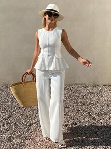 DAZY Bộ đồ thể thao mùa hè dành cho nữ, chất liệu cotton, thanh lịch, gồm áo kiểu cổ tròn không tay màu trắng và quần jeans trơn. - trắng - Xem 5