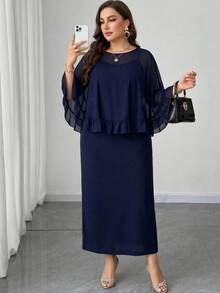 Modelyn Plus Size Elegant Party Solid Color Ruffle Trim Camisole & Dress 2-Piece Set - Navy Blue - View 7