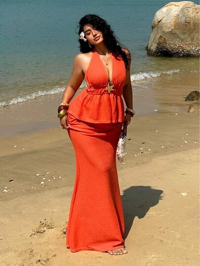 Sunnyshic Plus Size Spring/Summer Lightweight Starfish Decor Halter Top And Skirt 2 Pieces Vacation Set