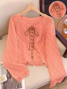 Franclia Áo len chui đầu phối màu tinh tế, thắt nơ, khoét rỗng, họa tiết hoa và tua rua, thiết kế kết hợp giữa phong cách châu Âu và Mỹ. - Màu Cam san hô - Xem 1