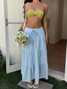 SHEIN EZwear 女士浪漫度假风腰带荷叶边下摆半身裙 - 藍色 - 查看 3