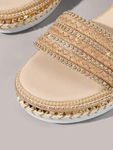 Styleloop Ladies Platform Wedge Sandals Bohemian Vacation Sandals Summer Open-Toed Hemp Rope Straw Shoes Outside Vacation Dress Shoes - khaki knitting - View 4