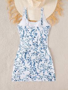 Swim Lushoire 1 件女式植物印花系带侧连体泳衣，适合夏季海滩度假 - 藍白色 - 查看 2