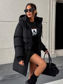 Hooded Long Padded Coat With Clean Quilted Construction, Crafted For A Bold Y2K Silhouette - Black - View 4