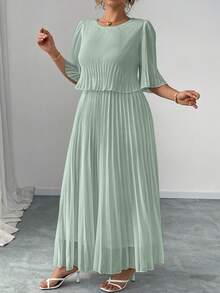 Elenzga Đầm xếp ly bằng chiffon màu trơn thanh lịch, cỡ lớn, thích hợp cho mùa xuân/hè. - Fresh Green - Xem 5