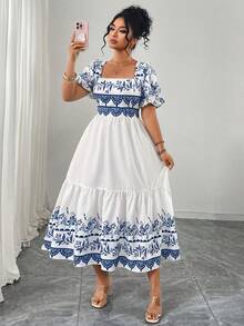 GlowEve CURVE Plus Size Lantern Sleeve Waist Cinched Long U-Neck Elegant Everyday Dress - Blue and White - View 6