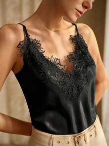 MOTF PREMIUM Top DE TIRANTES DE MUJER PRIMAVERA/VERANO CON BORDADO DE ENCAJE HIDROSOLUBLE - Negro - Ver 2