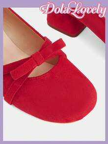 Dola Lovely Red Suede Round Toe Bow Low Vamp Thick Heel Shoes, Women's Gentle Cute Commuting Versatile Temperament Mary Jane High Heels Women's Shoes - Red suede - View 4