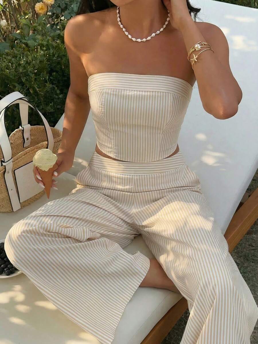 SHEIN SunnyBelle Conjunto de top bandeau a rayas amarillas y pantalones de cintura alta para mujer, ajustado, de moda y versátil para la calle, vacaciones, primavera/verano - Albaricoque - Ver 1