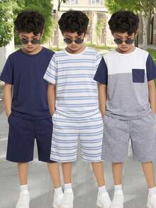 SHEIN Set da 6 pezzi di magliette a maniche corte e pantaloncini corti per ragazzi pre-adolescenti, stile casual sportivo, a righe e con blocchi di colore, scollo rotondo, adatto per pendolarismo, scuola, uso quotidiano, sport, primavera/estate - Multicolore - Visualizzare 3