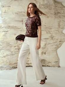 MOTF PREMIUM VERSATILE SEQUIN EMBELLISHED SHORT SLEEVE KNIT PULLOVER - Coffee Brown - View 5